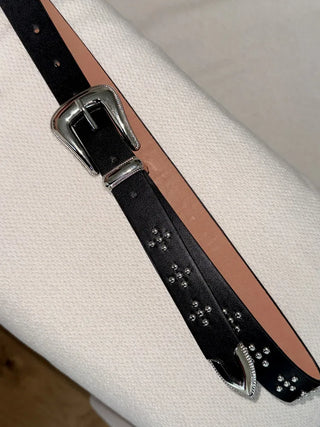 Pointy Studded Metallic Black Leather Belt