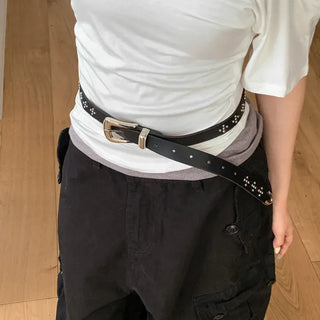 Pointy Studded Metallic Black Leather Belt