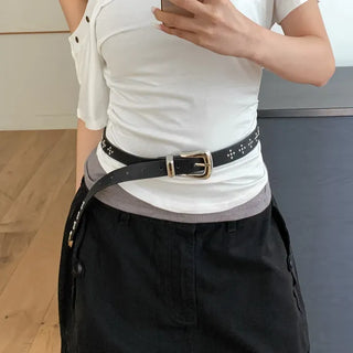 Pointy Studded Metallic Black Leather Belt