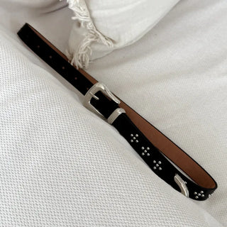 Pointy Studded Metallic Black Leather Belt