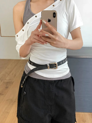 Pointy Studded Metallic Black Leather Belt