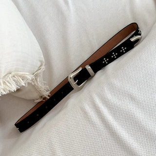 Pointy Studded Metallic Black Leather Belt