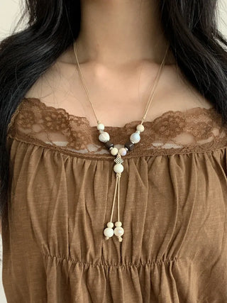 Mono Ivory Wood Ceramic Knot Long Drop Necklace