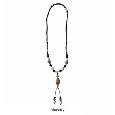 Cave Stone Ceramic Metal Knot Long Necklace