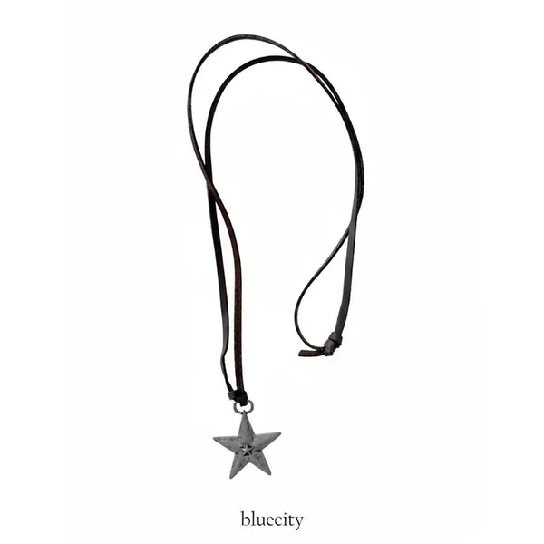 Vintage Unit Star Leather Knot Long Necklace