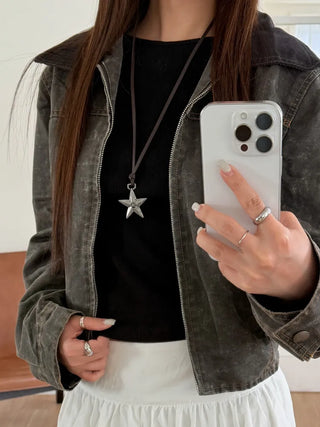 Vintage Unit Star Leather Knot Long Necklace