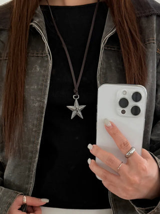 Vintage Unit Star Leather Knot Long Necklace