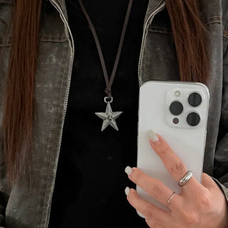 Vintage Unit Star Leather Knot Long Necklace