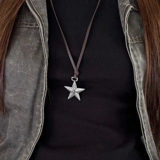 Vintage Unit Star Leather Knot Long Necklace