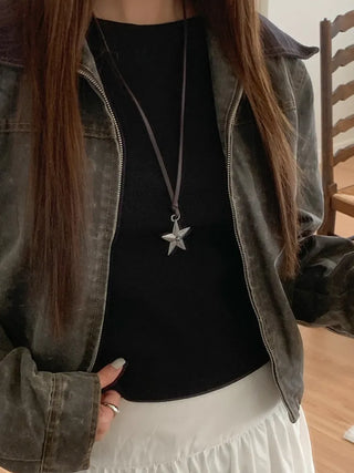 Vintage Unit Star Leather Knot Long Necklace