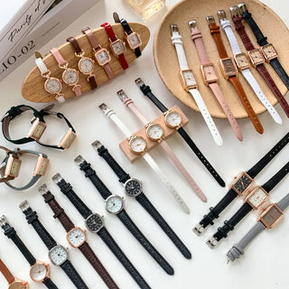 Back-to-School Leather Watch Round Square Leather Daily Women's Wristwatch