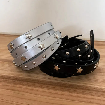 Star Double Line Studded Leather Long Belt