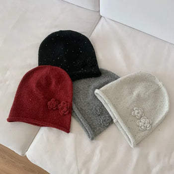 Glowing Flowers Knit Roll-up Beanie Hat