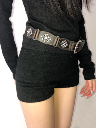 Opal Flower Stud Wide Leather Belt