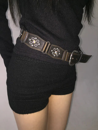 Opal Flower Stud Wide Leather Belt