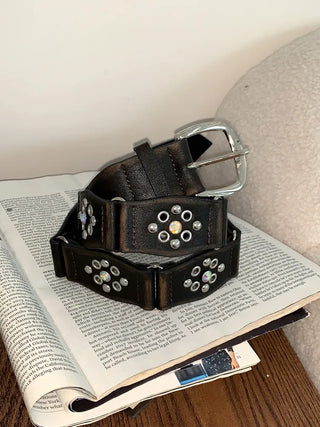 Opal Flower Stud Wide Leather Belt