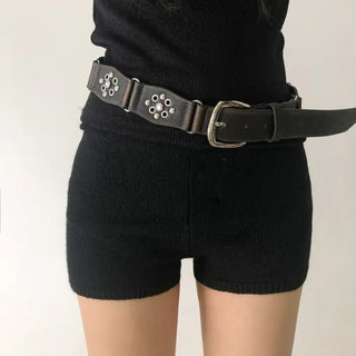 Opal Flower Stud Wide Leather Belt
