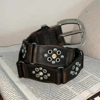 Opal Flower Stud Wide Leather Belt