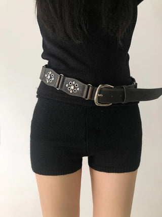 Opal Flower Stud Wide Leather Belt