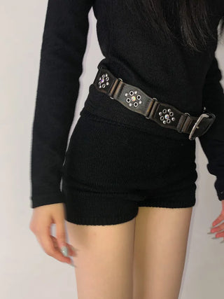 Opal Flower Stud Wide Leather Belt