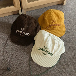 Love & Peace Ribbed Corduroy Embroidered String Camp Cap