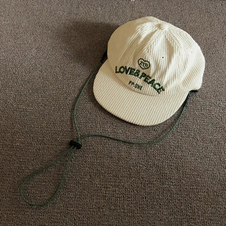 Love & Peace Ribbed Corduroy Embroidered String Camp Cap