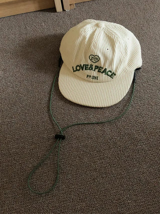 Love & Peace Ribbed Corduroy Embroidered String Camp Cap