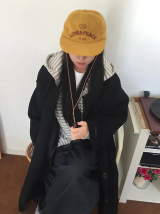 Love & Peace Ribbed Corduroy Embroidered String Camp Cap