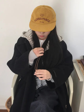 Love & Peace Ribbed Corduroy Embroidered String Camp Cap