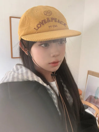 Love & Peace Ribbed Corduroy Embroidered String Camp Cap