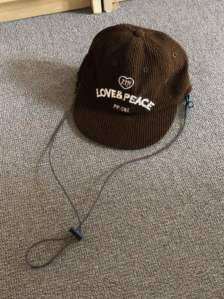 Love & Peace Ribbed Corduroy Embroidered String Camp Cap