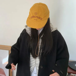 Love & Peace Ribbed Corduroy Embroidered String Camp Cap