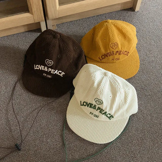 Love & Peace Ribbed Corduroy Embroidered String Camp Cap