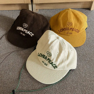 Love & Peace Ribbed Corduroy Embroidered String Camp Cap