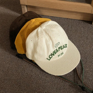 Love & Peace Ribbed Corduroy Embroidered String Camp Cap