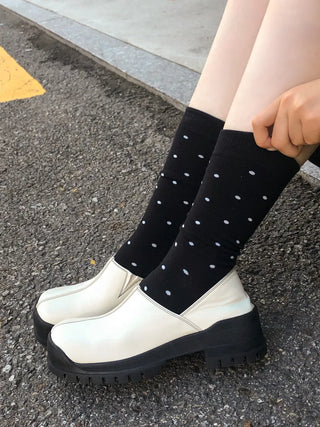 Arti Pin Dot Knit Contrast Long Knee Socks