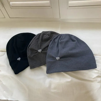 Heart Check Button Pintuck Waffle Beanie Hat