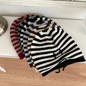 Striped String Knit Long Beanie Hat