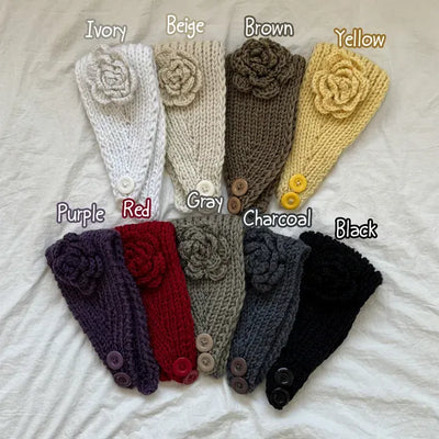 Rosie Button Knit Flower Wide Bandana Hairband