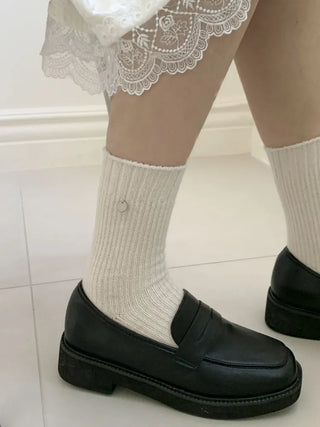 Mini One-Coin Knit Ribbed Mid-Length Plain Socks