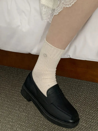 Mini One-Coin Knit Ribbed Mid-Length Plain Socks