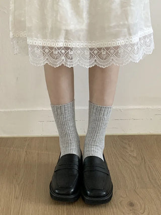 Mini One-Coin Knit Ribbed Mid-Length Plain Socks