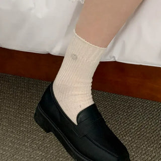 Mini One-Coin Knit Ribbed Mid-Length Plain Socks