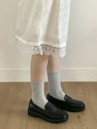 Mini One-Coin Knit Ribbed Mid-Length Plain Socks