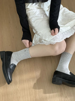 Mini One-Coin Knit Ribbed Mid-Length Plain Socks