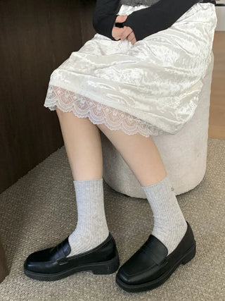Mini One-Coin Knit Ribbed Mid-Length Plain Socks