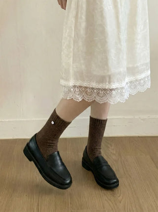 Mini One-Coin Knit Ribbed Mid-Length Plain Socks