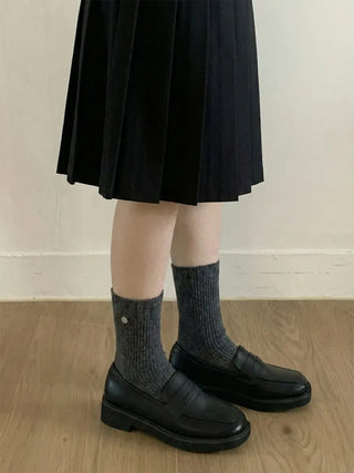Mini One-Coin Knit Ribbed Mid-Length Plain Socks