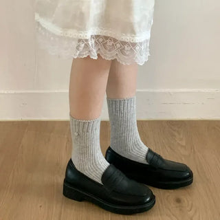 Mini One-Coin Knit Ribbed Mid-Length Plain Socks