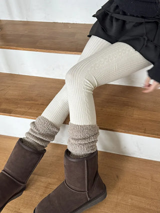 Cable Ribbed Pattern Footed Leggings Tights Stockings